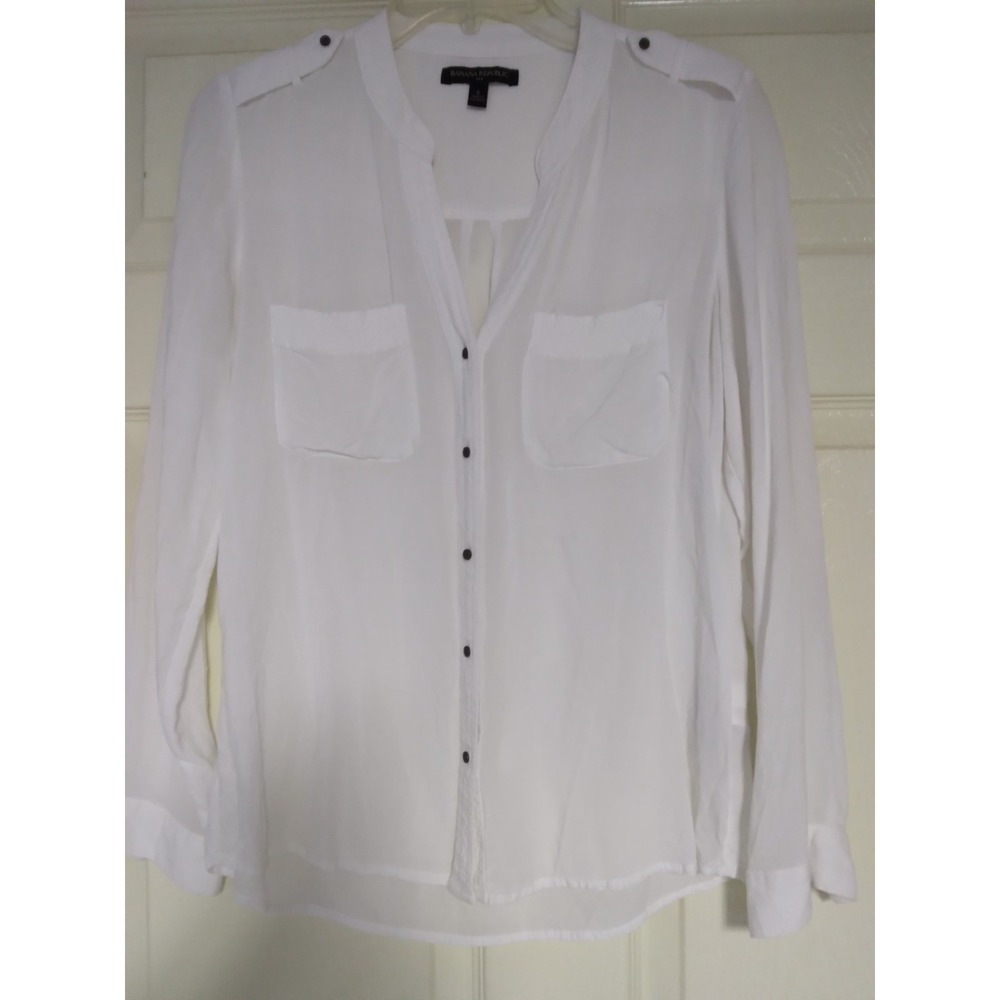 Banana Republic long sleeve epaulets button up white linen front pockets Sz. S
